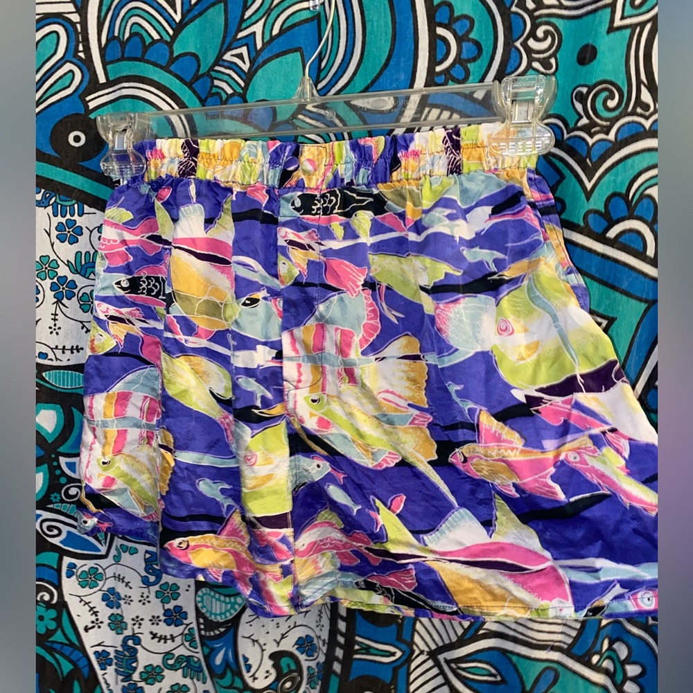 Vintage 100% Silk Vibrant Fish Patterned Shorts